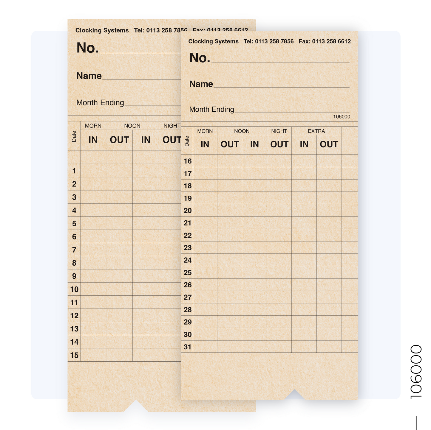 106000 Monthly Clocking Cards (Quantity 1000)