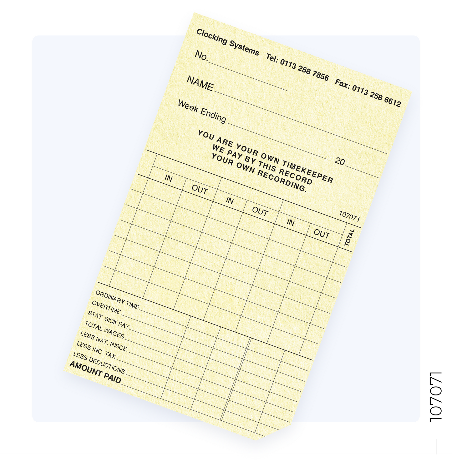 107071 Weekly Clocking Cards for TP-100, TP-200, CS-30 (Quantity 250)