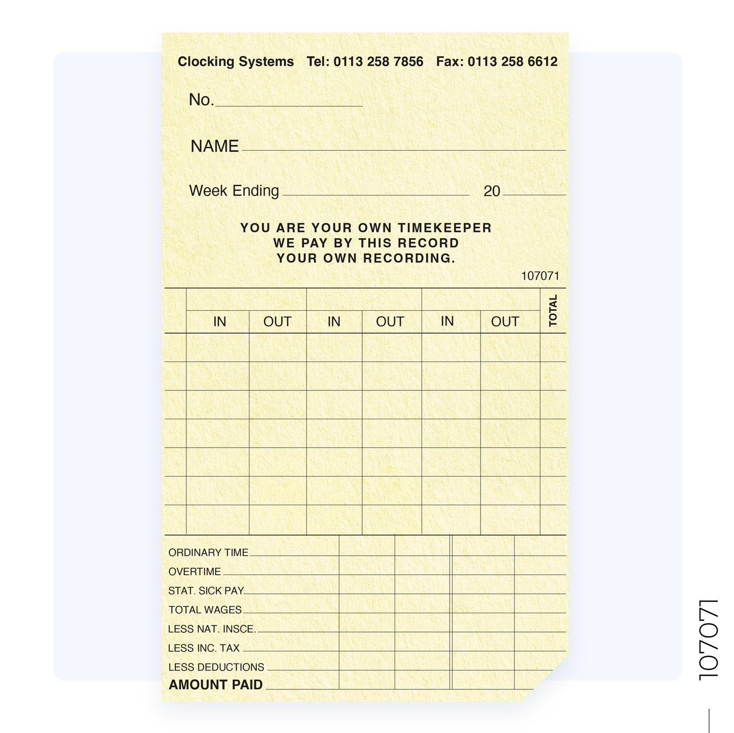 107071 Weekly Clocking Cards for TP-100, TP-200, CS-30 (Quantity 250)