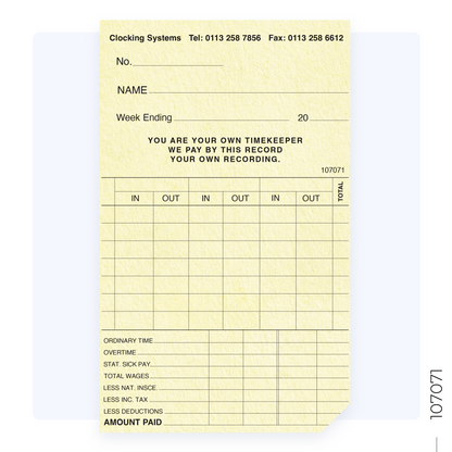 107071 Weekly Clocking Cards for TP-100, TP-200, CS-30 (Quantity 250)