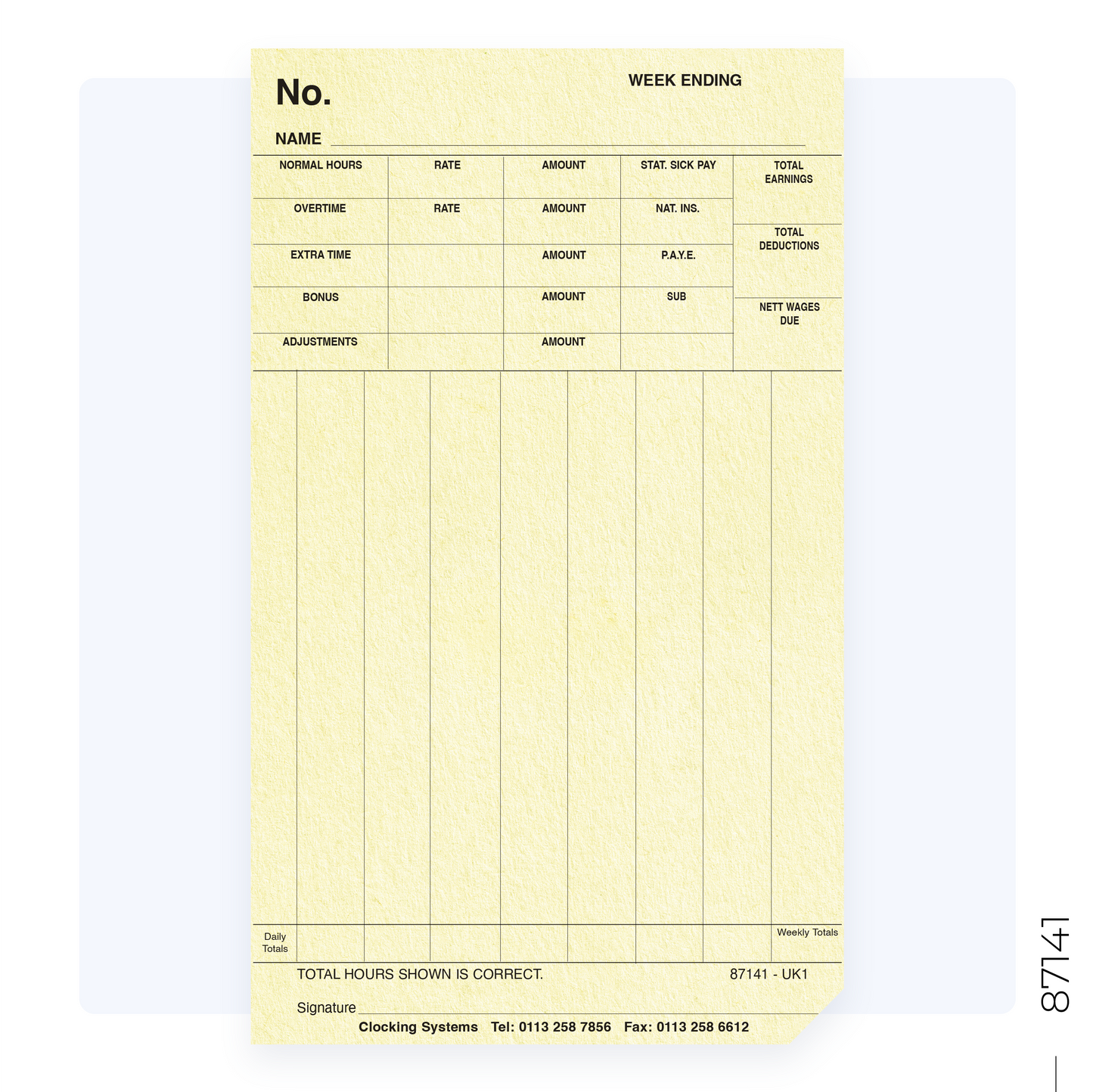 87141 Weekly Clocking Cards (Quantity 1000)
