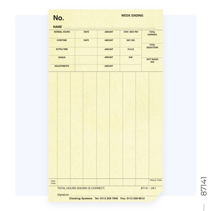 87141 Weekly Clocking Cards (Quantity 1000)